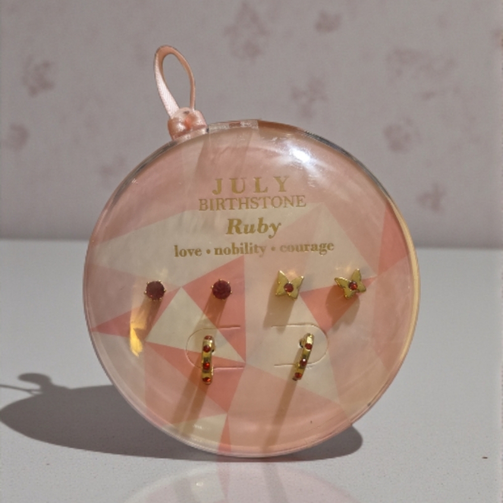 Ruby Birthstone Earrings Set - Gold and Red